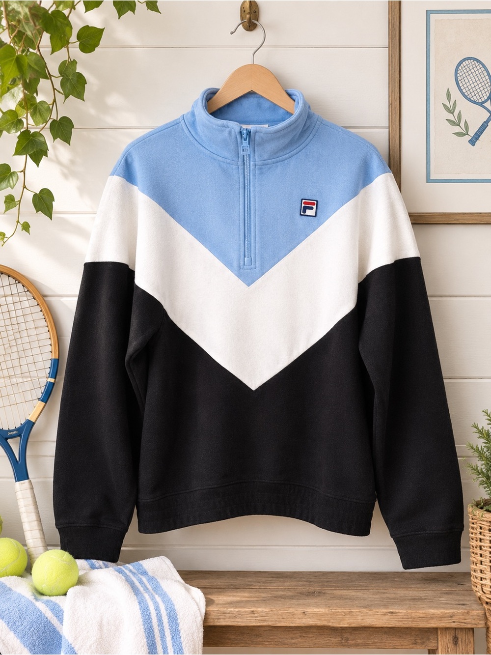 FILA Quarter-Zip Colorblock Sweatshirt Light Blue, White & Black Women’s XL
